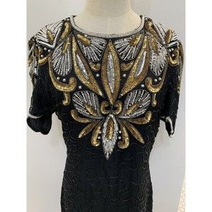 Vintage Denise Elle Womens Beaded Sequin Silk Evening Dress Sheath Fitted XL‎